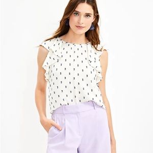 NWT Loft Clip Ruffle V Back Shirt.  White with a blue design.  Size XXL.